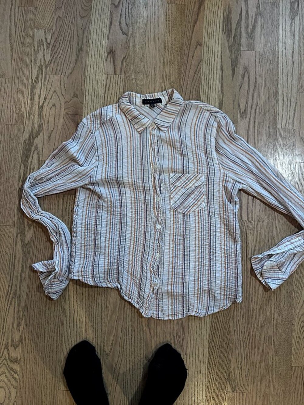 Sanctuary White Striped Crinkle Gauze Button Up Shirt Size M
